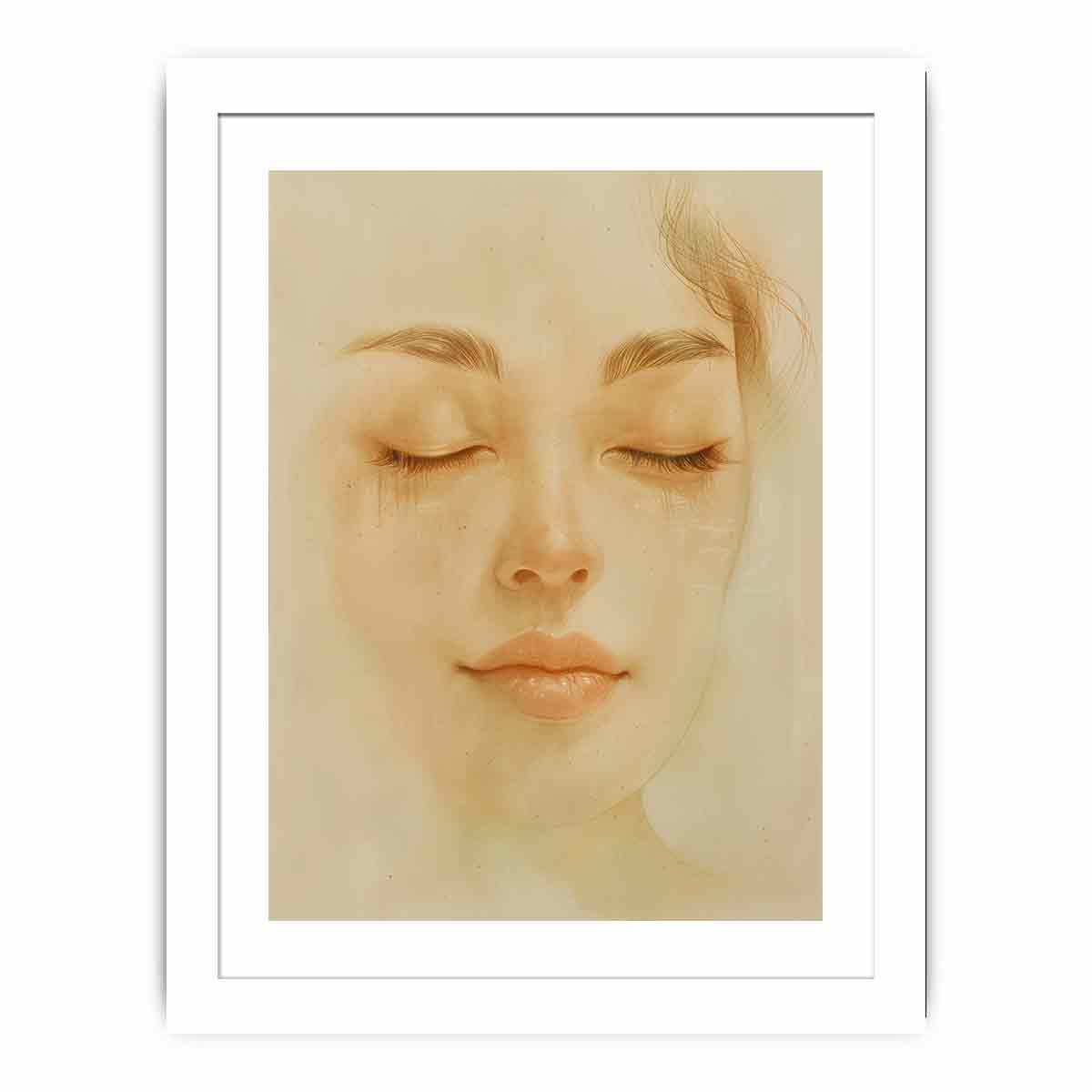 Soft feminine portrait canvas art with closed eyes for calming bedroom decor.