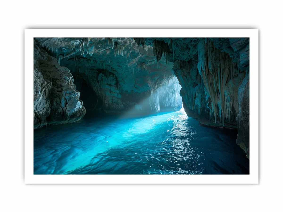 Turquoise sea cave photography canvas art for modern coastal living room decor.