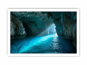 Turquoise sea cave photography canvas art for modern coastal living room decor.