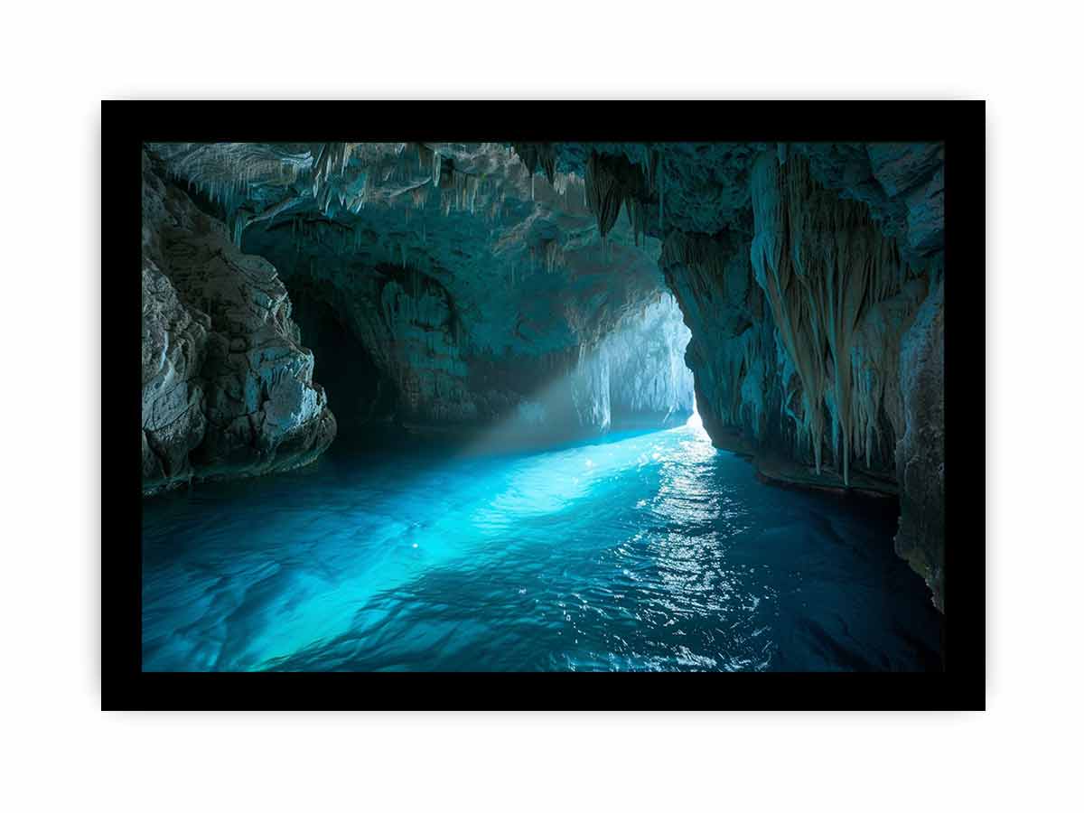Turquoise sea cave photography canvas art for modern coastal living room decor.