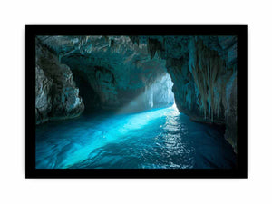 Turquoise sea cave photography canvas art for modern coastal living room decor.