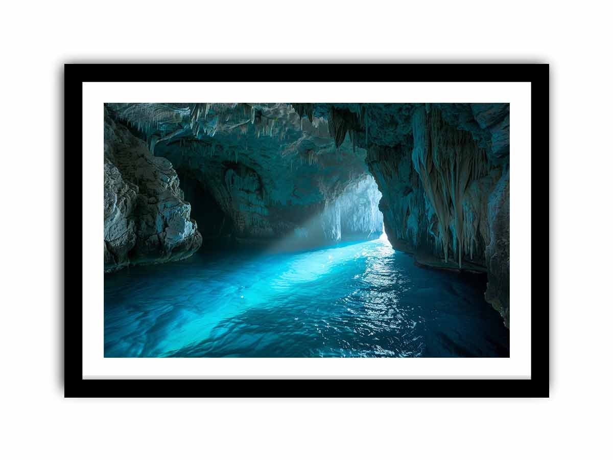 Turquoise sea cave photography canvas art for modern coastal living room decor.