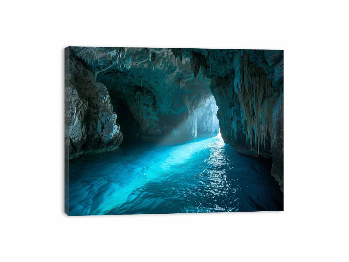 Turquoise sea cave photography canvas art for modern coastal living room decor.