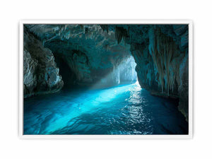 Turquoise sea cave photography canvas art for modern coastal living room decor.