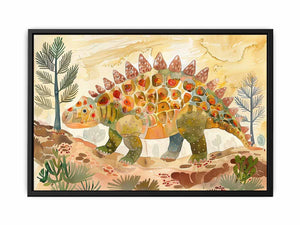 Colorful stegosaurus watercolor canvas art for nursery or kids room decor.