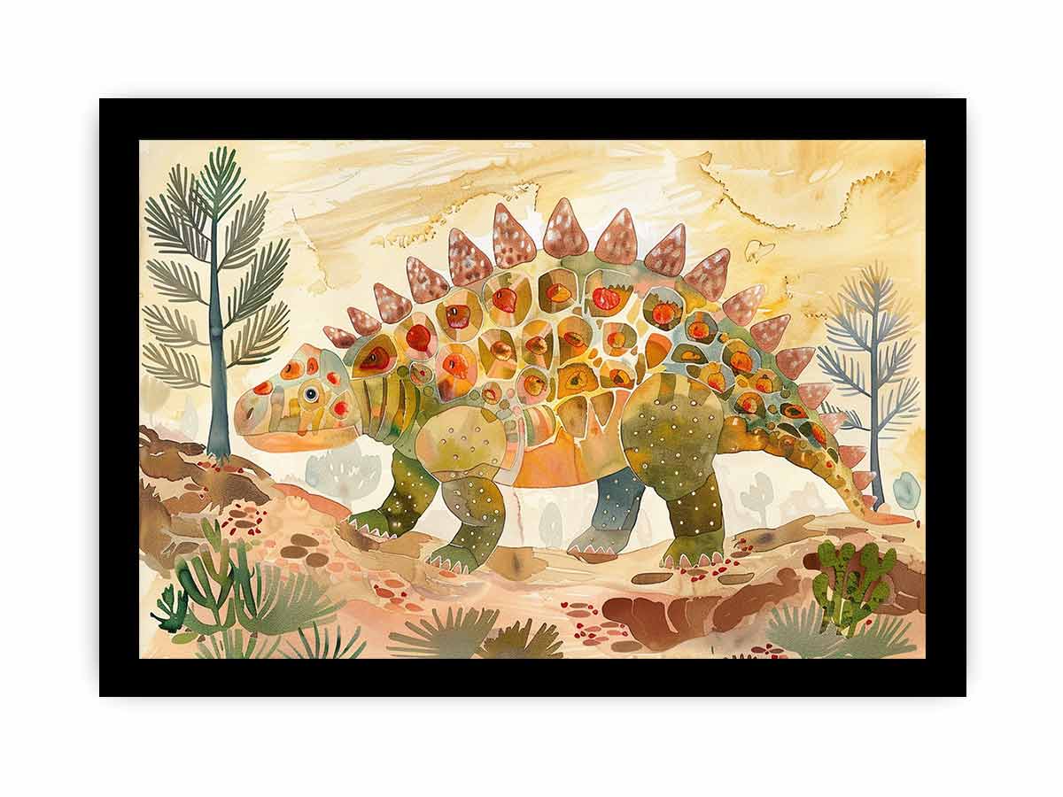 Colorful stegosaurus watercolor canvas art for nursery or kids room decor.