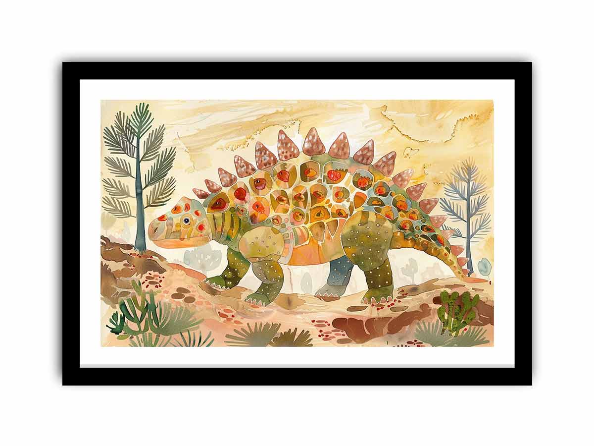 Colorful stegosaurus watercolor canvas art for nursery or kids room decor.