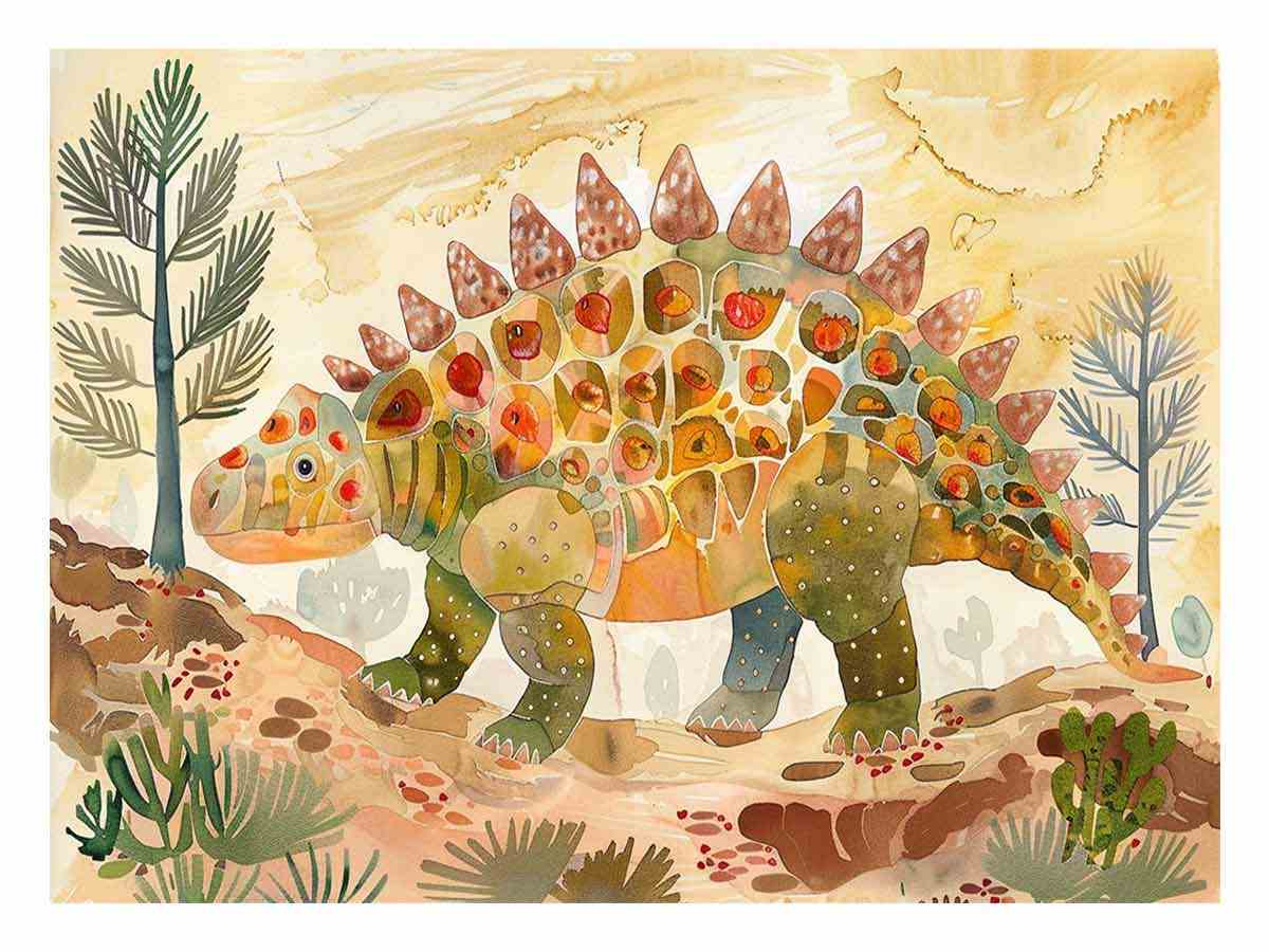 Colorful stegosaurus watercolor canvas art for nursery or kids room decor.