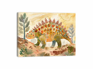 Colorful stegosaurus watercolor canvas art for nursery or kids room decor.