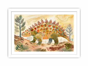Colorful stegosaurus watercolor canvas art for nursery or kids room decor.