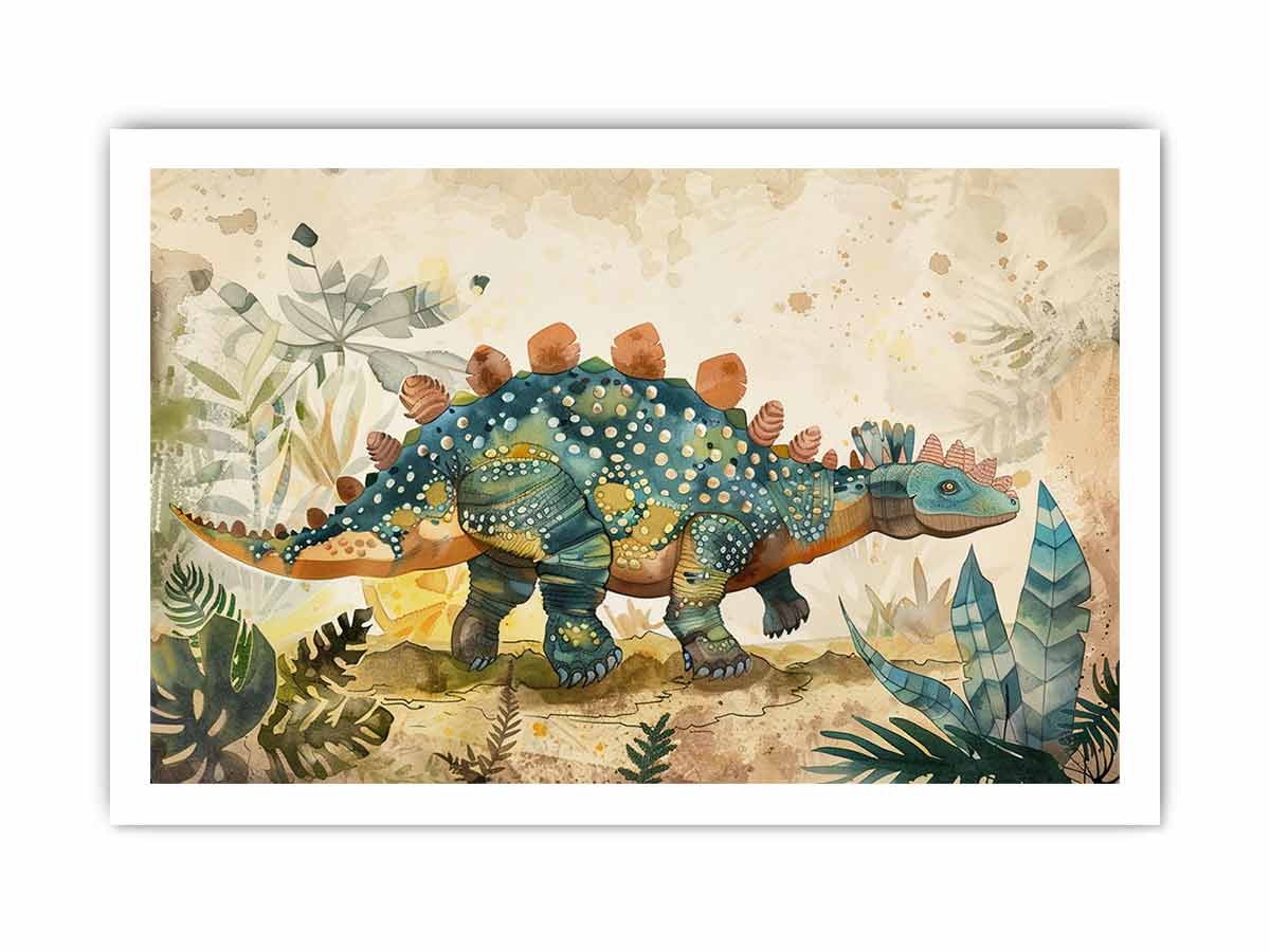 Teal watercolor dinosaur canvas art for a soft modern kids room or nursery.