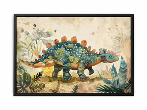 Teal watercolor dinosaur canvas art for a soft modern kids room or nursery.
