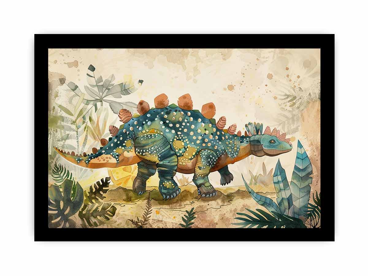 Teal watercolor dinosaur canvas art for a soft modern kids room or nursery.