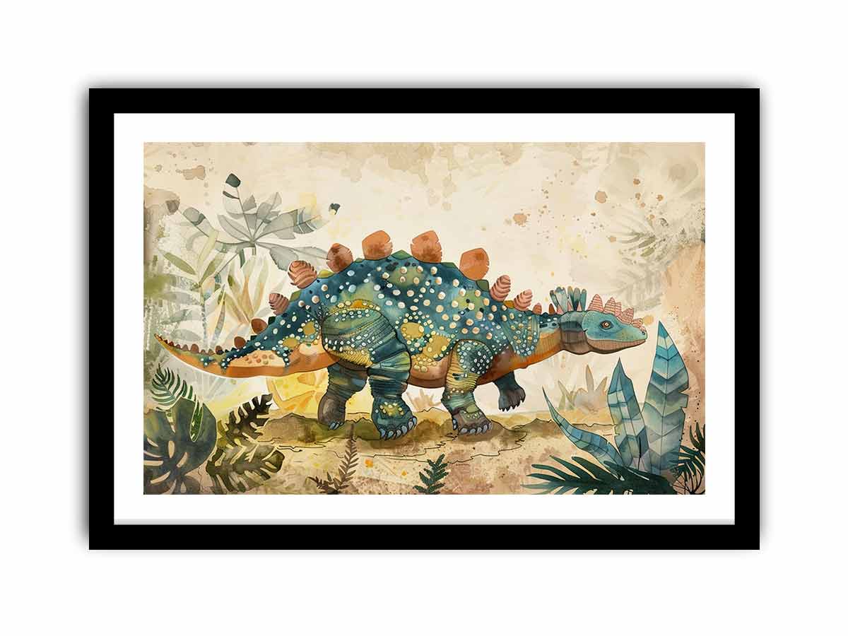 Teal watercolor dinosaur canvas art for a soft modern kids room or nursery.