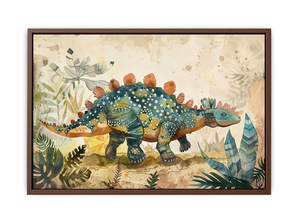 Teal watercolor dinosaur canvas art for a soft modern kids room or nursery.