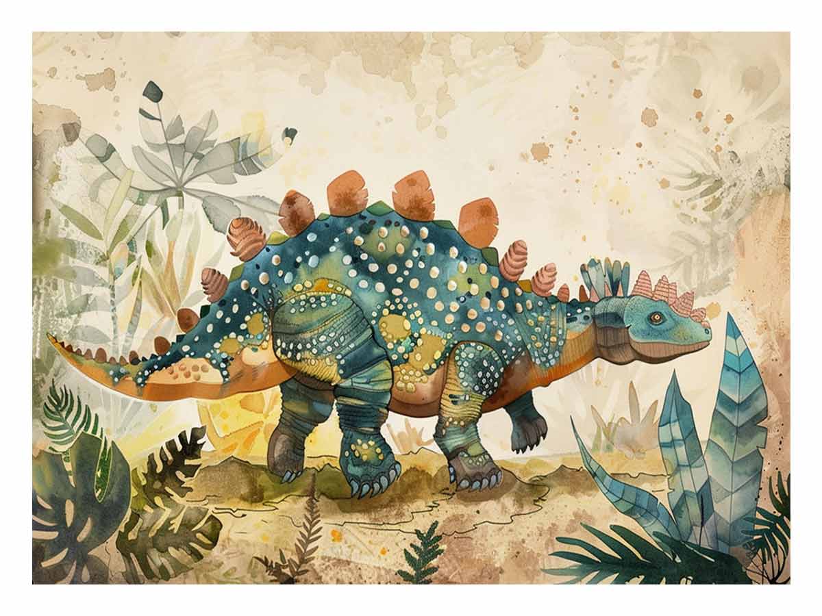 Teal watercolor dinosaur canvas art for a soft modern kids room or nursery.