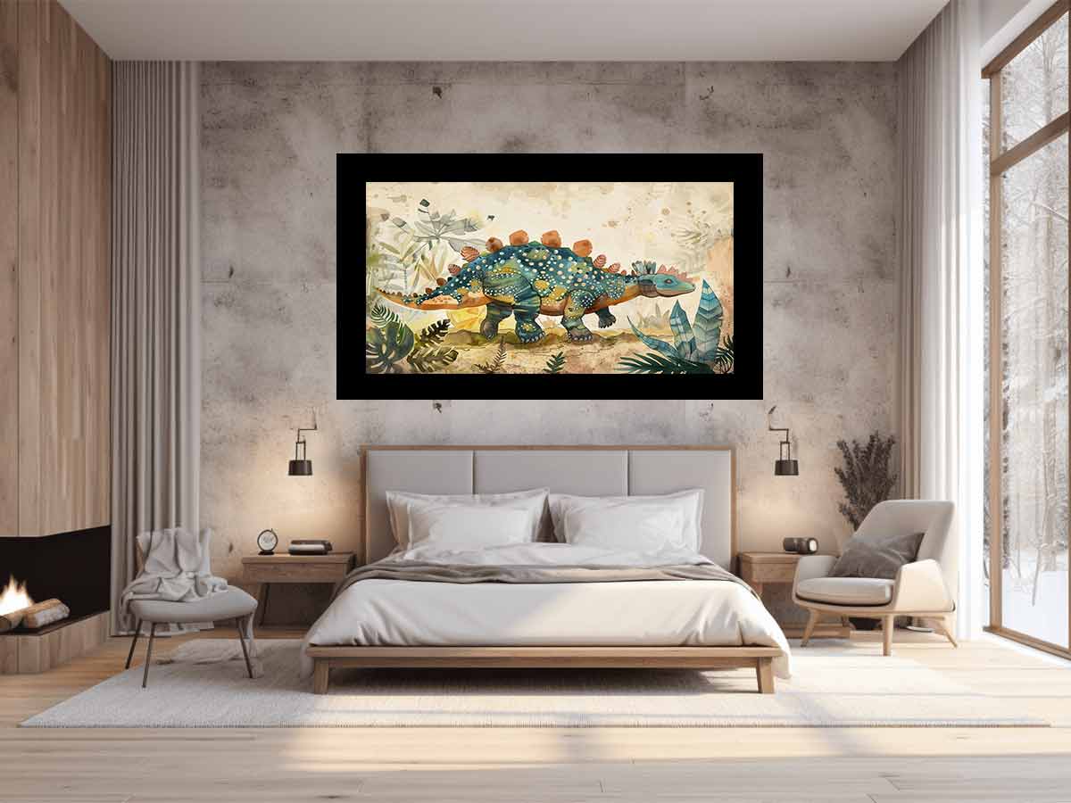Teal watercolor dinosaur canvas art for a soft modern kids room or nursery.
