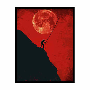 Red moon climber silhouette canvas art for bold modern office decor.