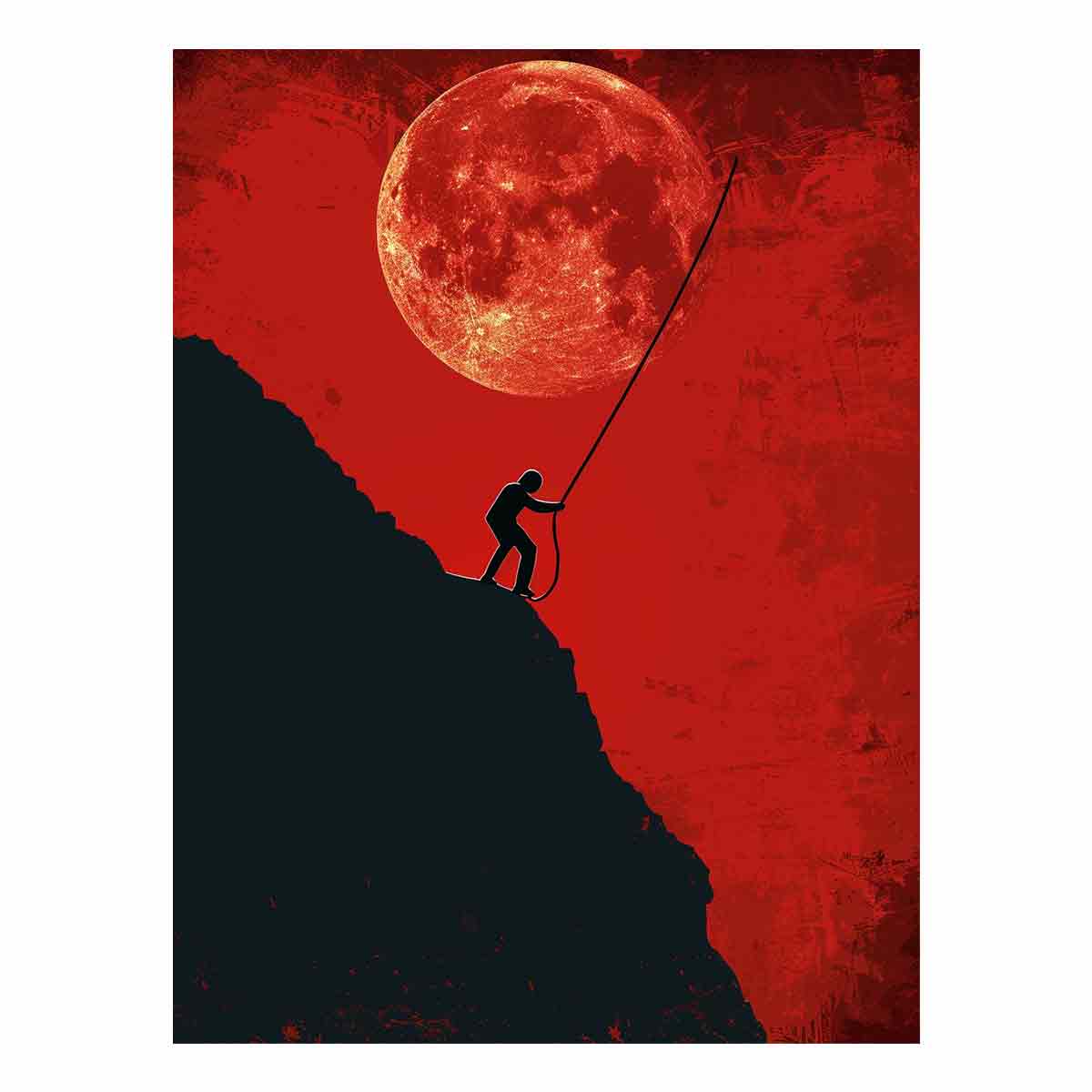 Red moon climber silhouette canvas art for bold modern office decor.