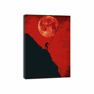 Red moon climber silhouette canvas art for bold modern office decor.
