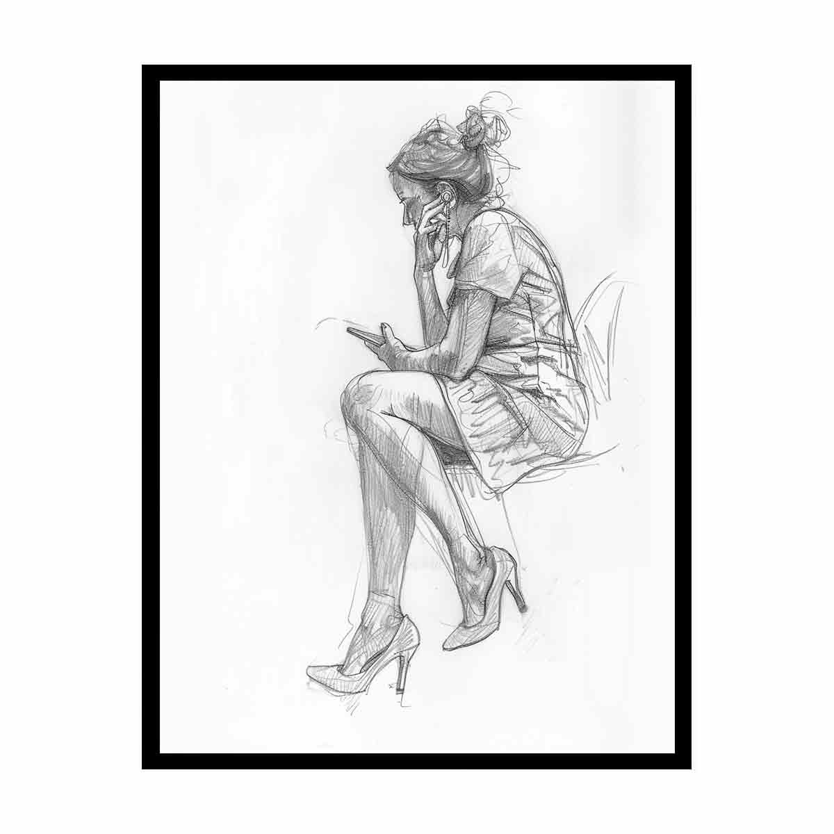 Minimal woman pencil sketch canvas art for modern office or bedroom decor.