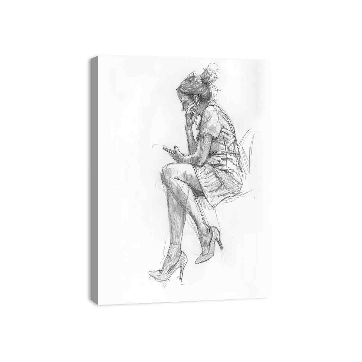 Minimal woman pencil sketch canvas art for modern office or bedroom decor.