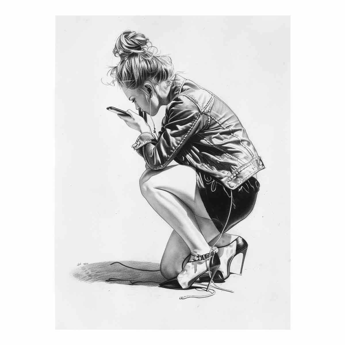 Black and white woman fashion drawing canvas art for stylish modern decor.