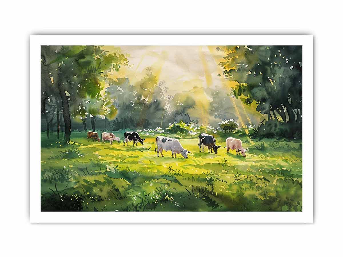 Watercolor cows in sunlit meadow canvas art for farmhouse dining room decor.