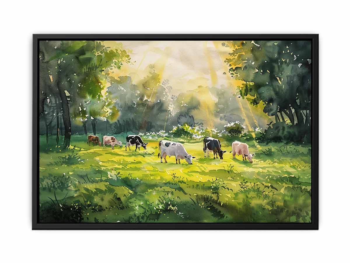 Watercolor cows in sunlit meadow canvas art for farmhouse dining room decor.