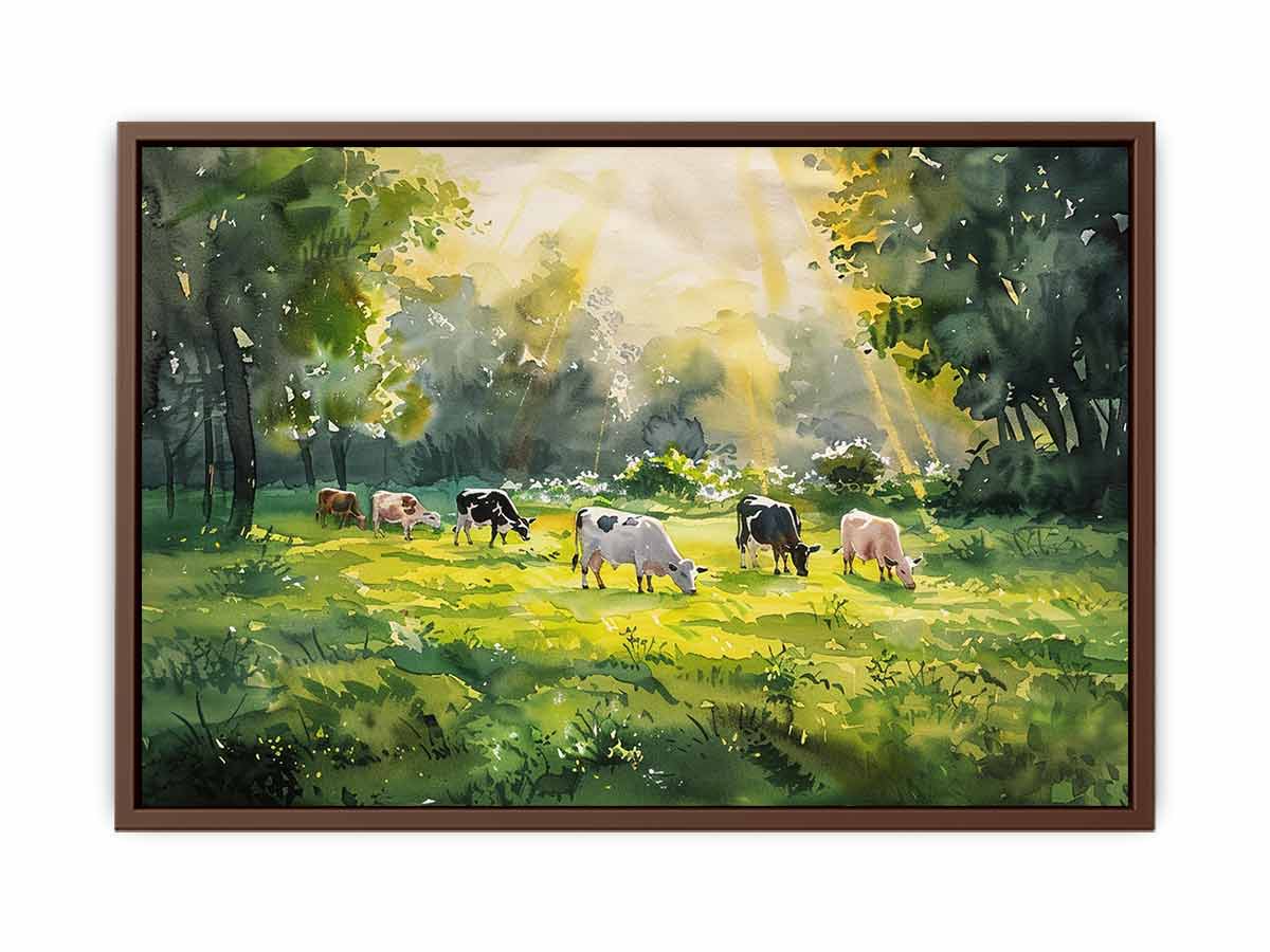 Watercolor cows in sunlit meadow canvas art for farmhouse dining room decor.