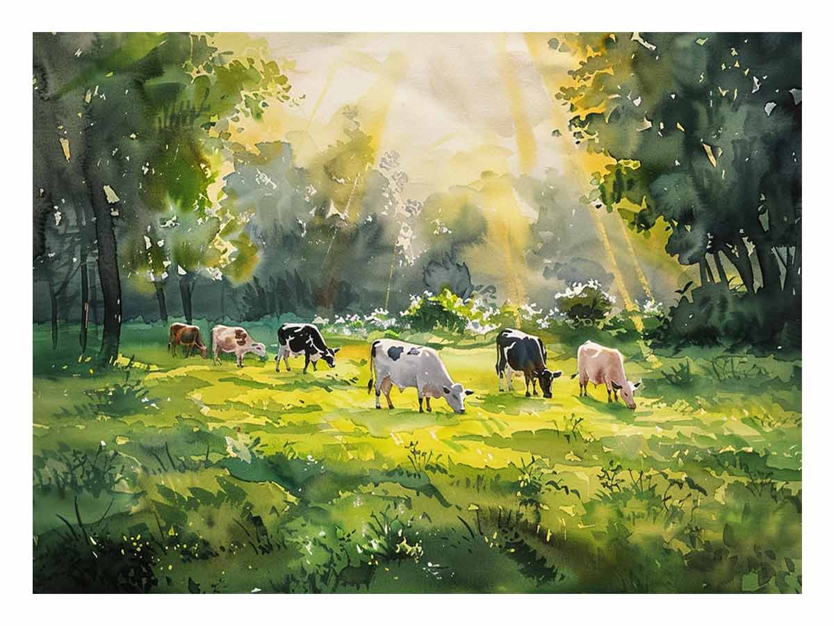 Watercolor cows in sunlit meadow canvas art for farmhouse dining room decor.