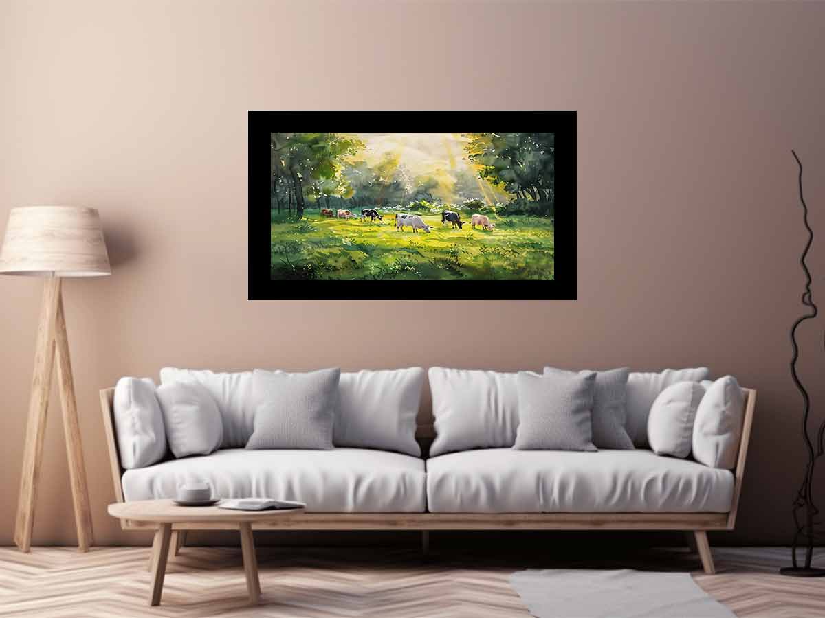 Watercolor cows in sunlit meadow canvas art for farmhouse dining room decor.