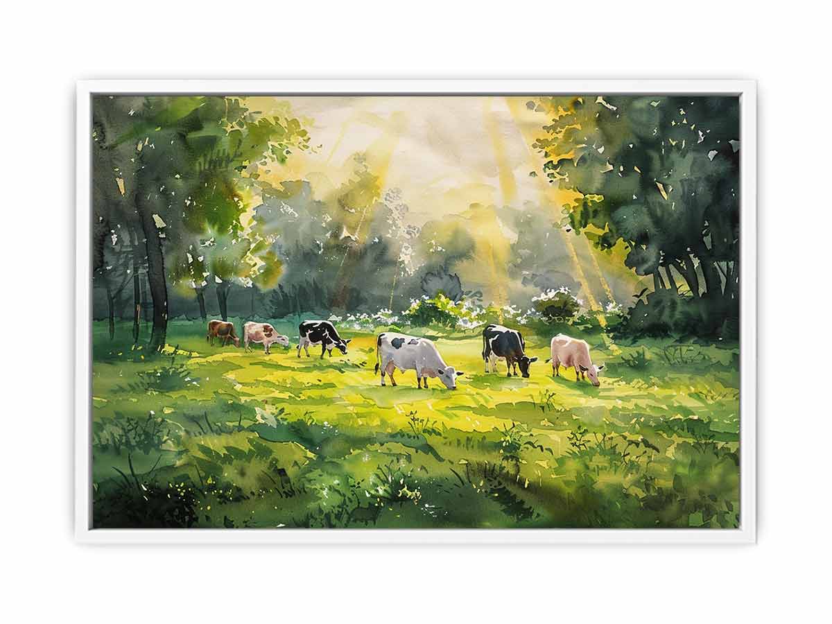 Watercolor cows in sunlit meadow canvas art for farmhouse dining room decor.