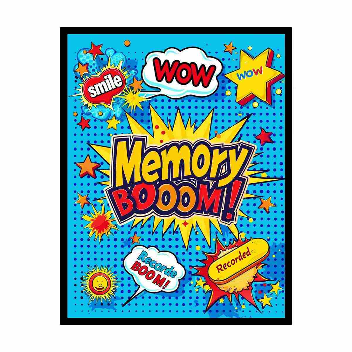Bright pop art comic canvas with memory boom text for kids room decor.