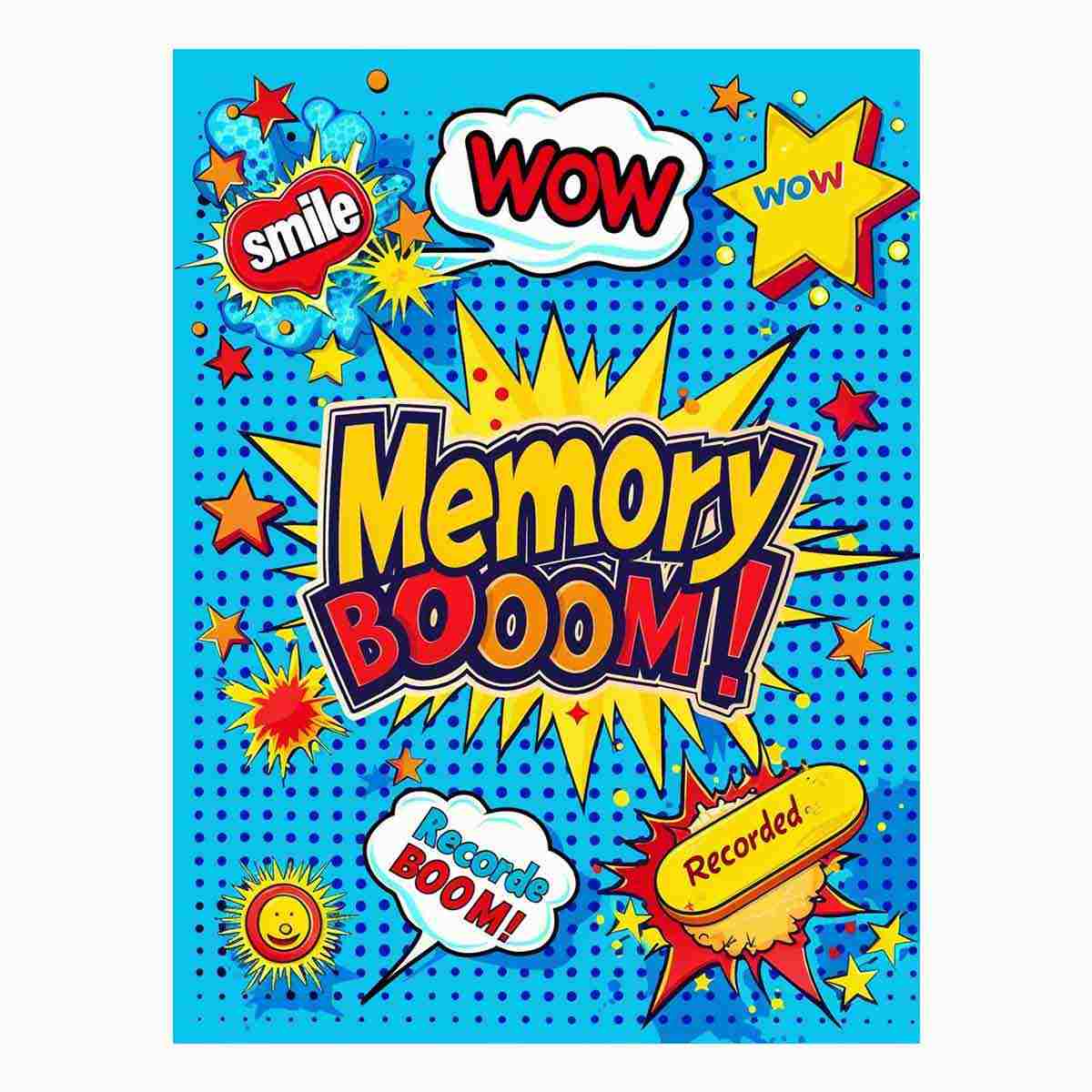 Bright pop art comic canvas with memory boom text for kids room decor.