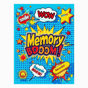 Bright pop art comic canvas with memory boom text for kids room decor.