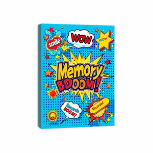 Bright pop art comic canvas with memory boom text for kids room decor.