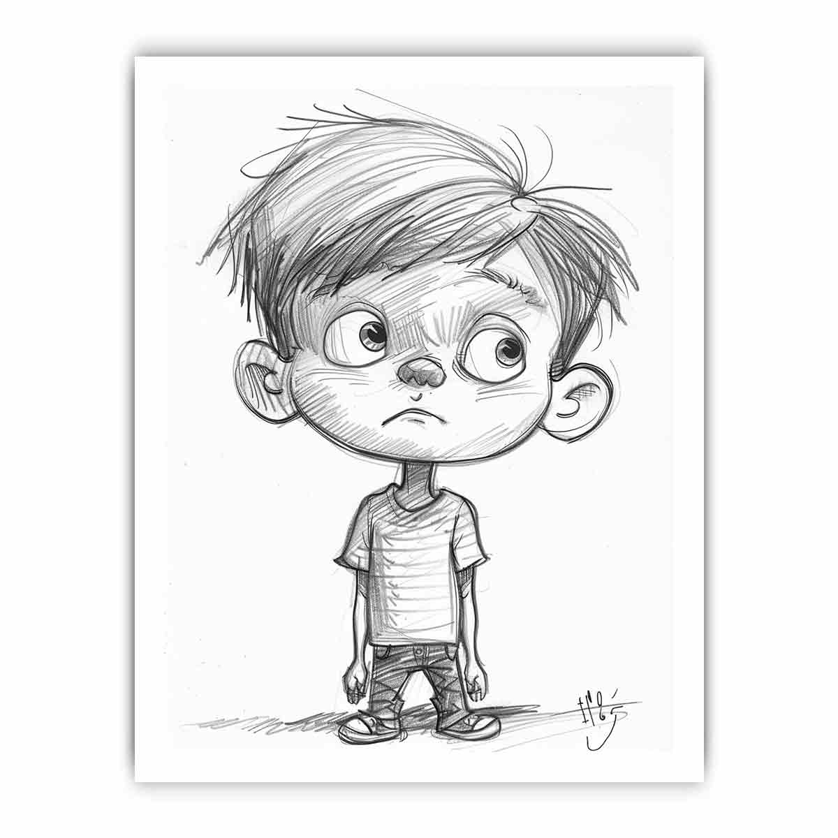 Cute boy pencil sketch canvas art for nursery or modern kids room decor.