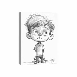 Cute boy pencil sketch canvas art for nursery or modern kids room decor.
