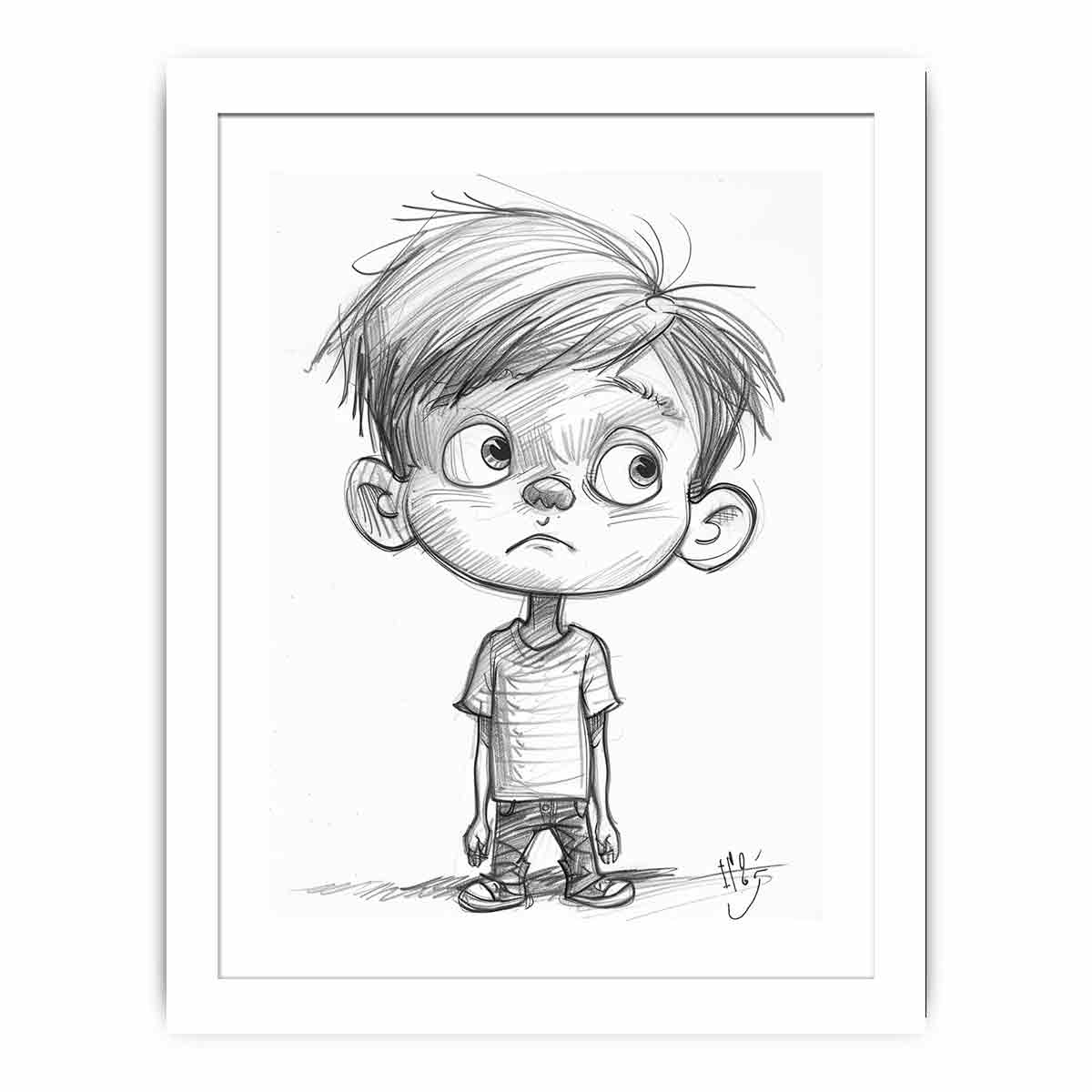 Cute boy pencil sketch canvas art for nursery or modern kids room decor.