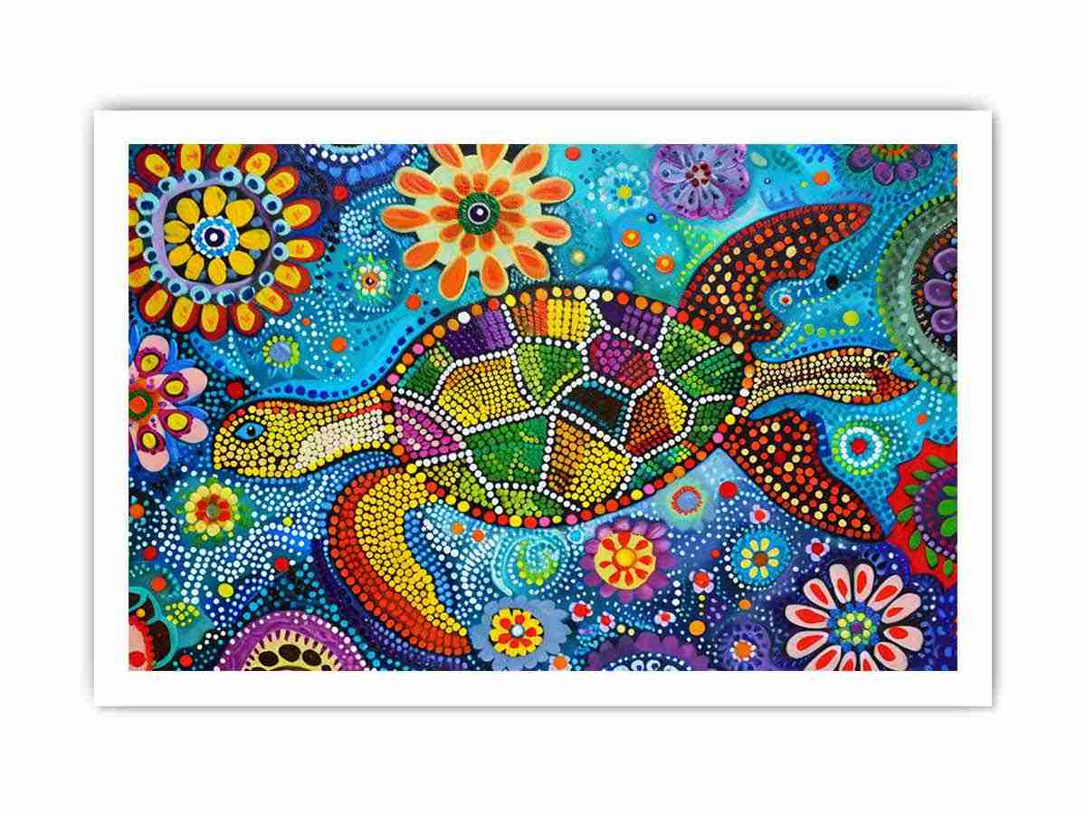 Colorful sea turtle canvas art with floral dots for coastal kids room decor.