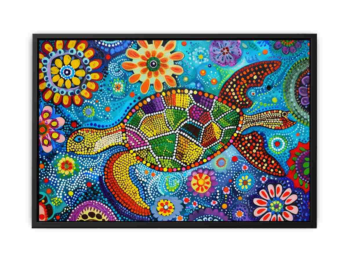 Colorful sea turtle canvas art with floral dots for coastal kids room decor.