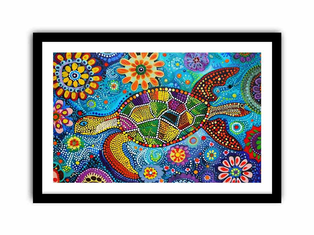Colorful sea turtle canvas art with floral dots for coastal kids room decor.