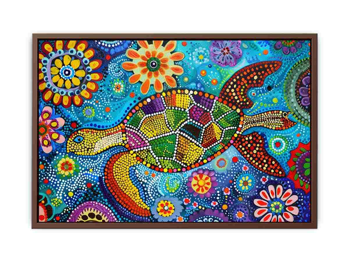 Colorful sea turtle canvas art with floral dots for coastal kids room decor.