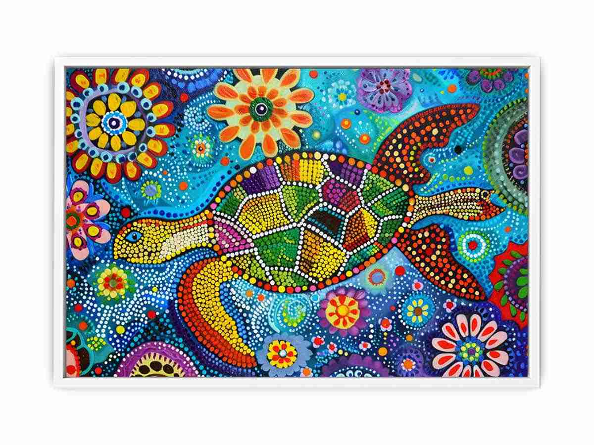 Colorful sea turtle canvas art with floral dots for coastal kids room decor.