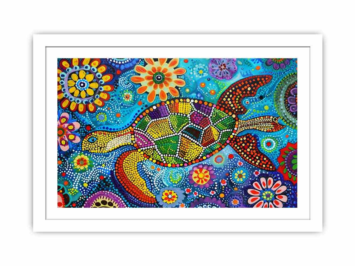 Colorful sea turtle canvas art with floral dots for coastal kids room decor.