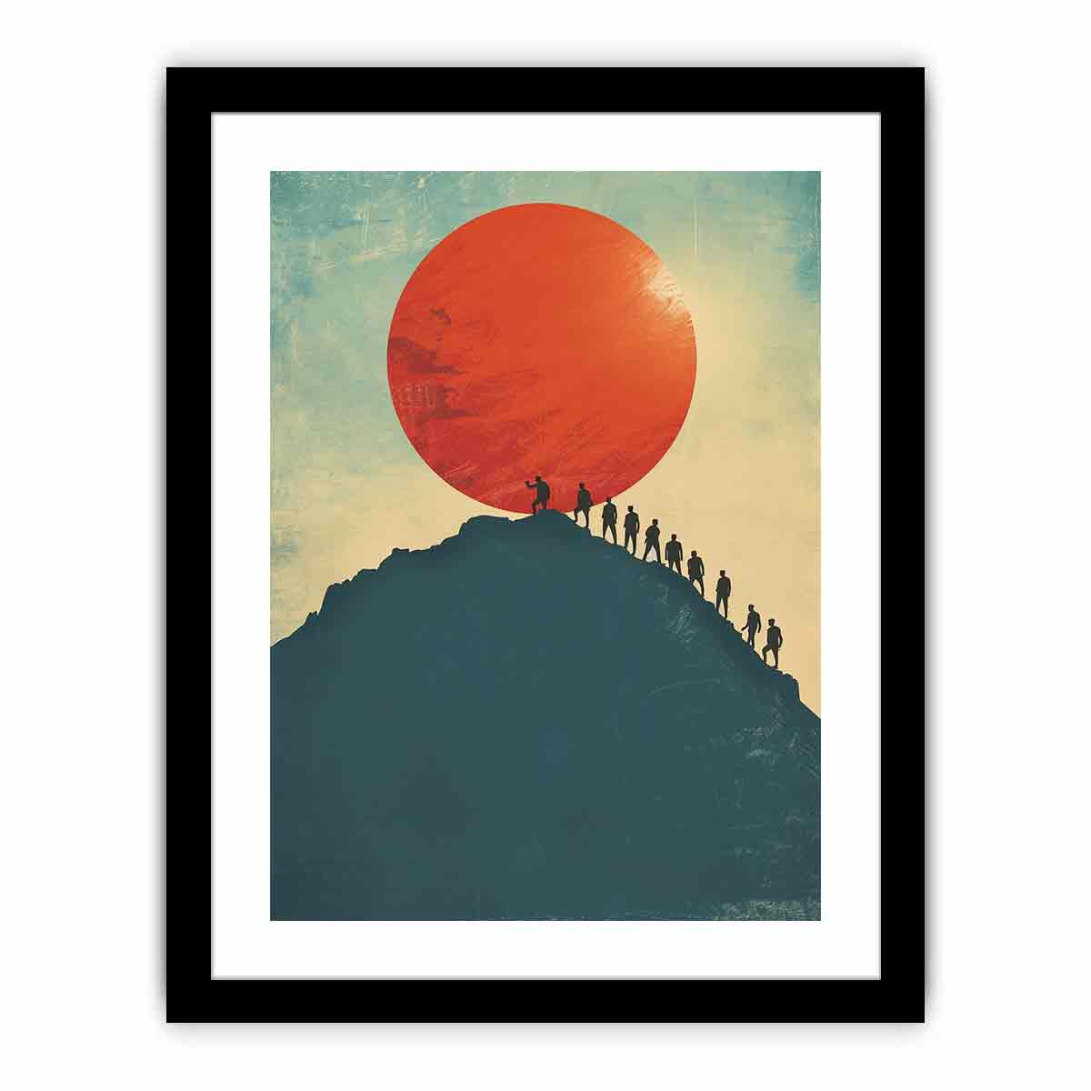 Vintage mountain climbers under red sun canvas art for modern office decor.