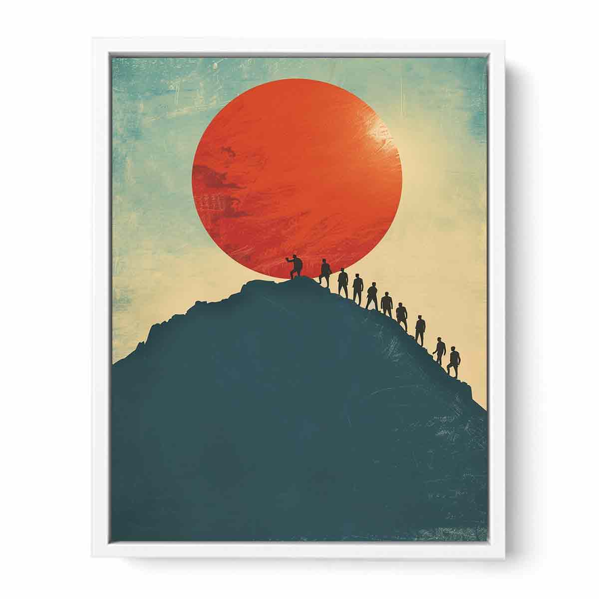 Vintage mountain climbers under red sun canvas art for modern office decor.