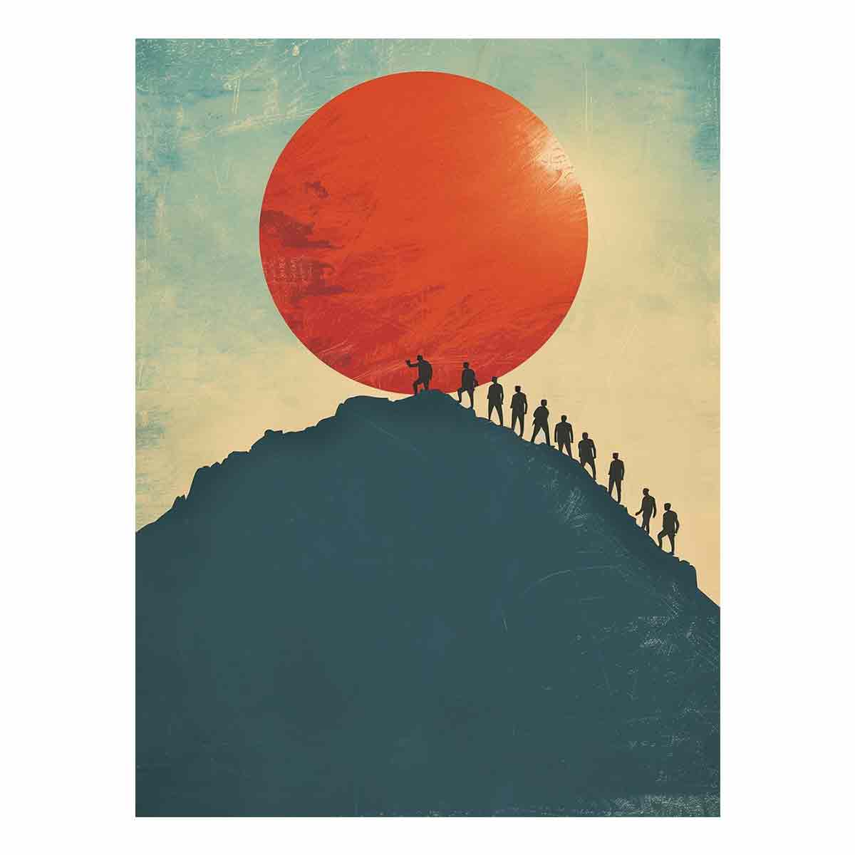 Vintage mountain climbers under red sun canvas art for modern office decor.