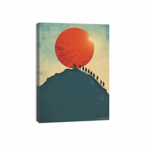 Vintage mountain climbers under red sun canvas art for modern office decor.